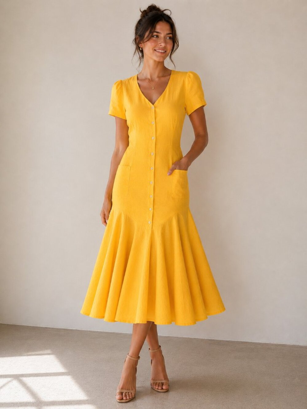Vintage Cente Yellow 100% Linen Midi Dress M